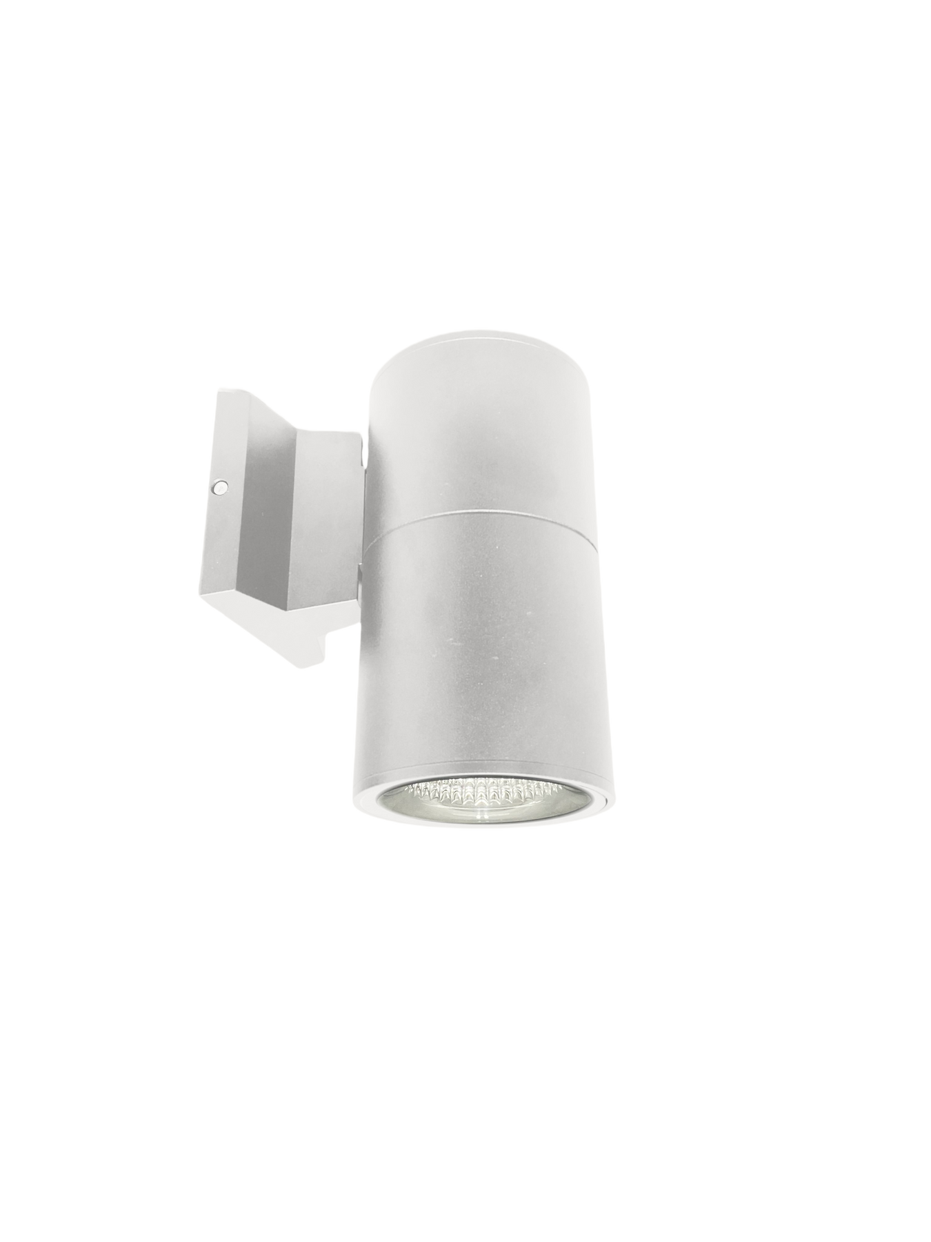 A modern cylindrical wall-mounted light fixture in a matte silver finish, shown against a plain white background.