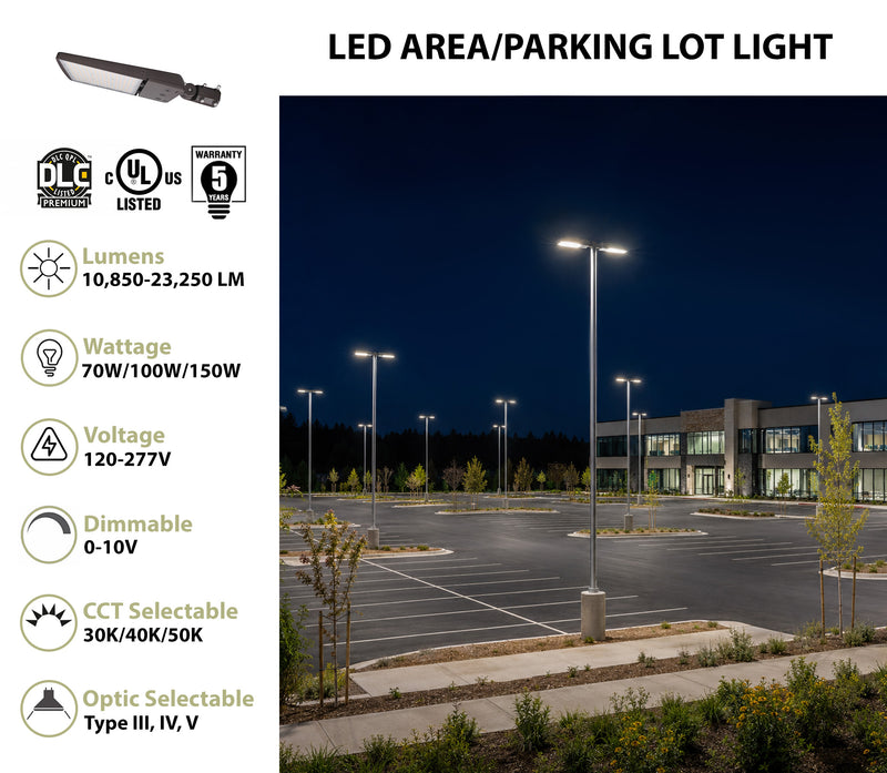 LED Area/Parking Lot Light, 23,250 Lumen Max, Wattage, CCT and Optic Selectable, 120-277V, Sensor Ready