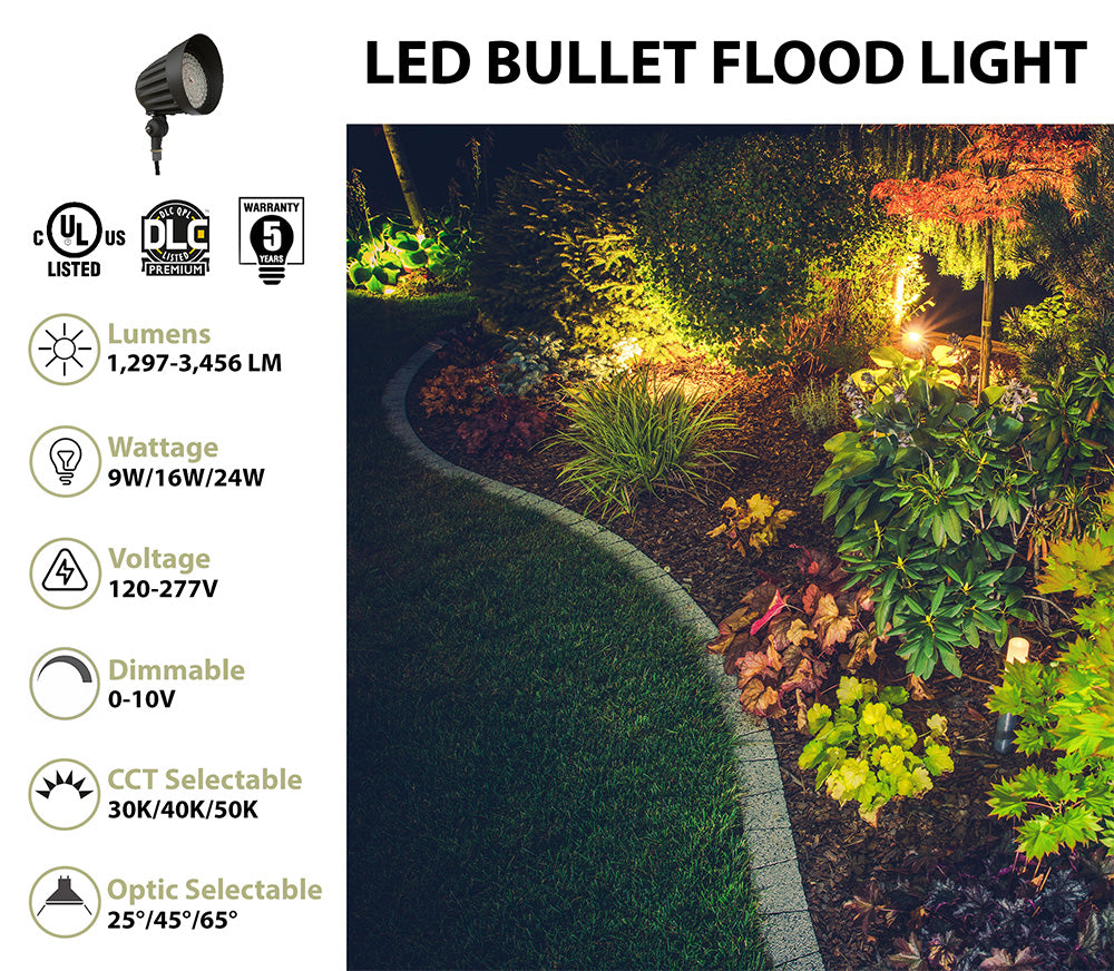 LED Bullet Flood Light, 3456 Lumen Max, Wattage, CCT and Optic Selectable, Integrated Photocell, Knuckle Mount, 120-277V, Bronze