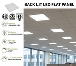 Back lit LED flat panel ceiling light shown installed in a grid ceiling of an office space, with a product information sidebar on the left detailing specifications like lumens, wattage, voltage, dimmable, and CCT selectable.