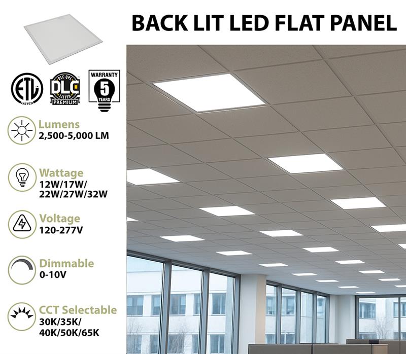 2 x 2 Foot Back Lit LED Flat Panel, 5000 Lumens, Selectable Wattage and CCT, Dimmable, 120-277V