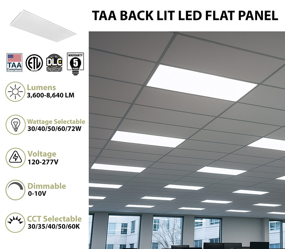2 x 4 Foot Back Lit LED Flat Panel, 8640 Lumen Max, Wattage and CCT Selectable, Dimmable, 120-277V, TAA Compliant