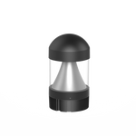 Black and silver commercial LED bollard light with dome top cone reflector and clear protective cover for outdoor use
