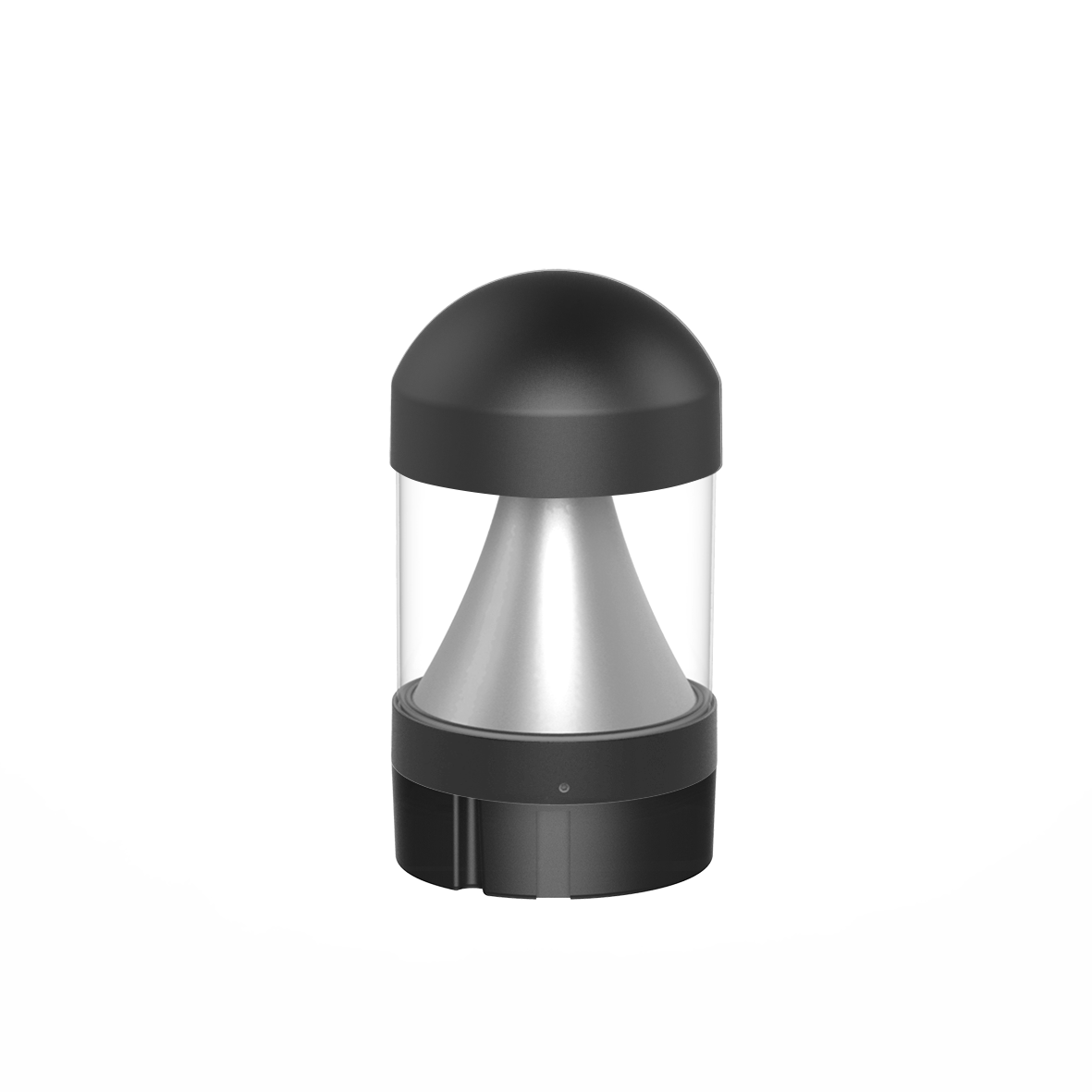 Black and silver commercial LED bollard light with dome top cone reflector and clear protective cover for outdoor use