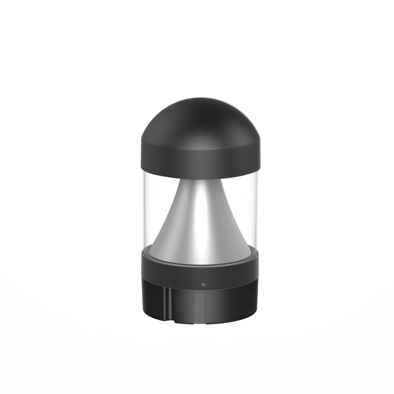 Black and silver commercial LED bollard light with dome top cone reflector and clear protective cover for outdoor use