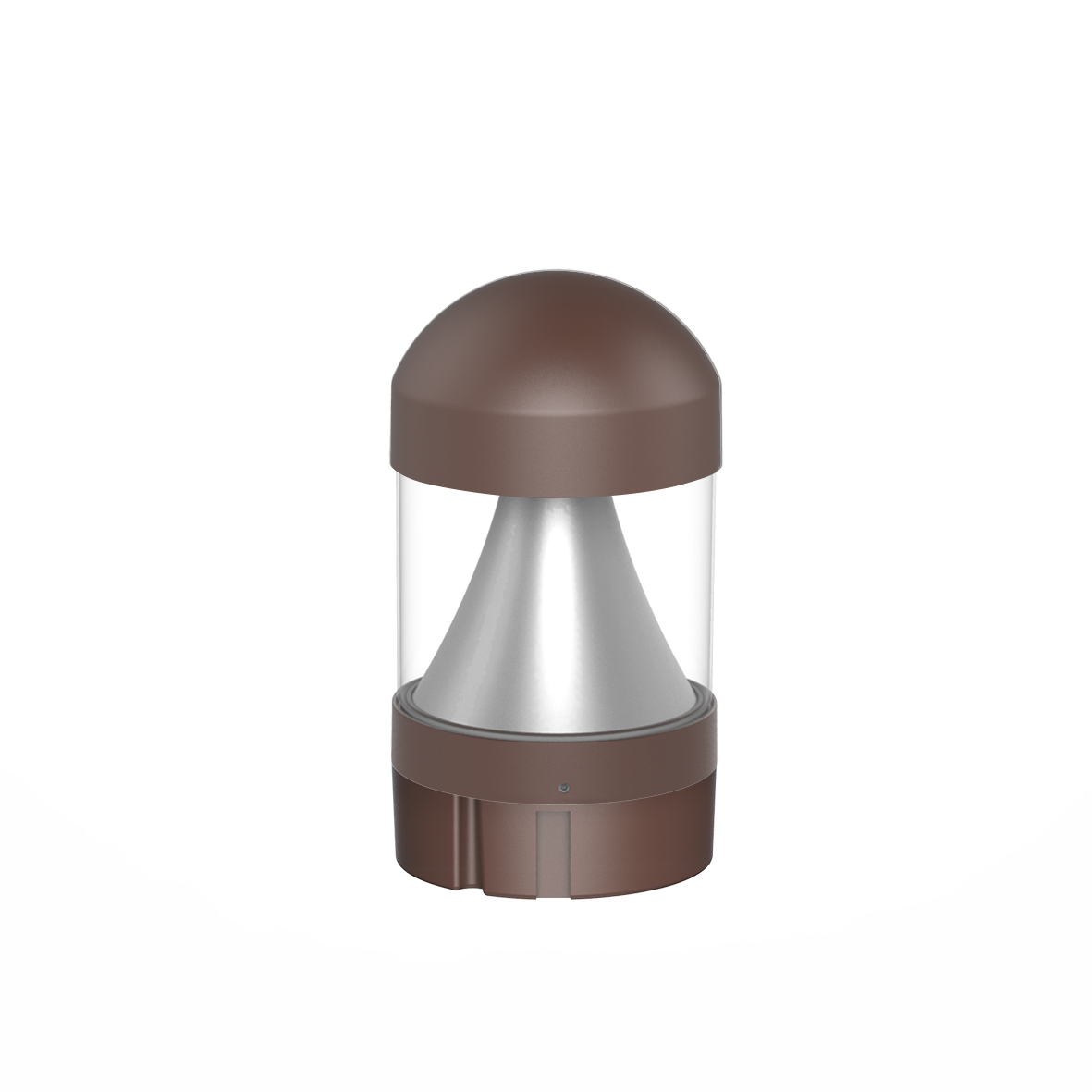 Brown dome-shaped commercial led bollard light with clear glass body silver metallic cone reflector and bronze finish