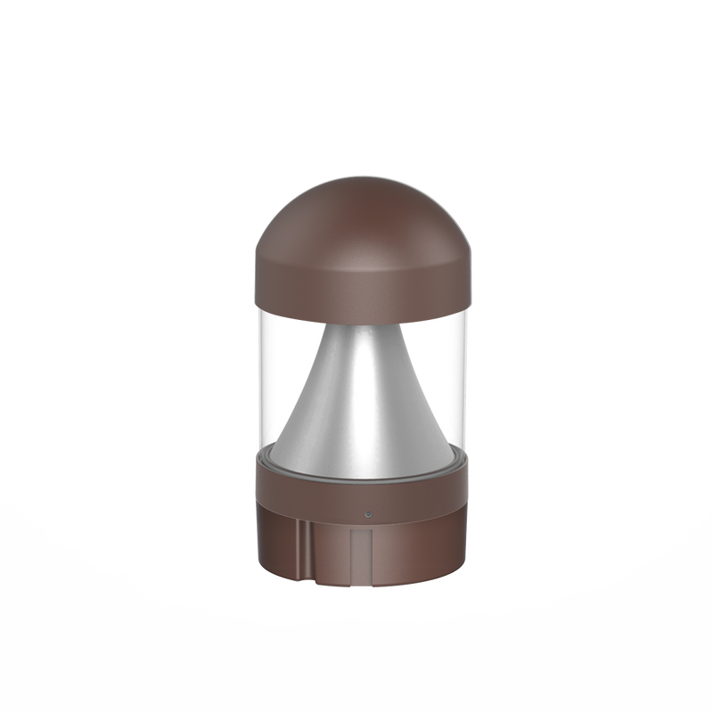 Brown dome-shaped commercial led bollard light with clear glass body silver metallic cone reflector and bronze finish