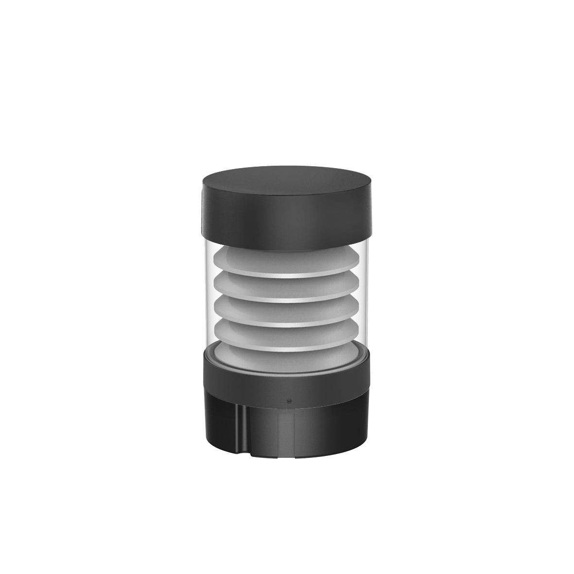 Black cylindrical commercial led bollard light with louver reflector translucent glass panels and frosted diffusers