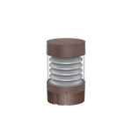 Brown cylindrical commercial led bollard light with stacked white rings clear glass body and flat top louver reflector