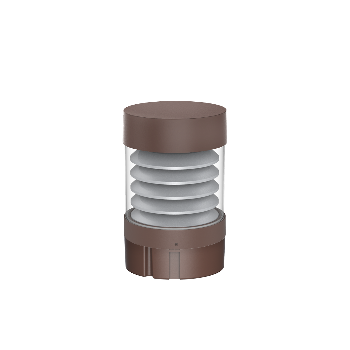 Brown cylindrical commercial led bollard light with stacked white rings clear glass body and flat top louver reflector