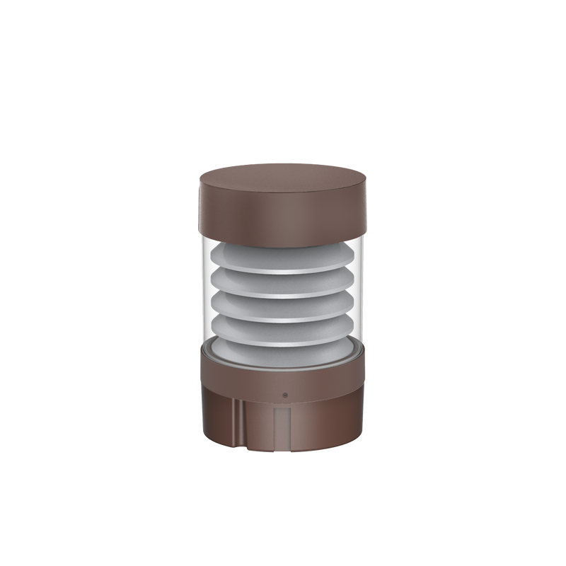 Brown cylindrical commercial led bollard light with stacked white rings clear glass body and flat top louver reflector