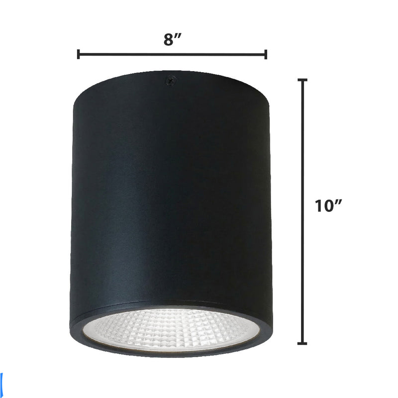 Black architectural cylinder light fixture with matte finish and led panel for ceiling installation