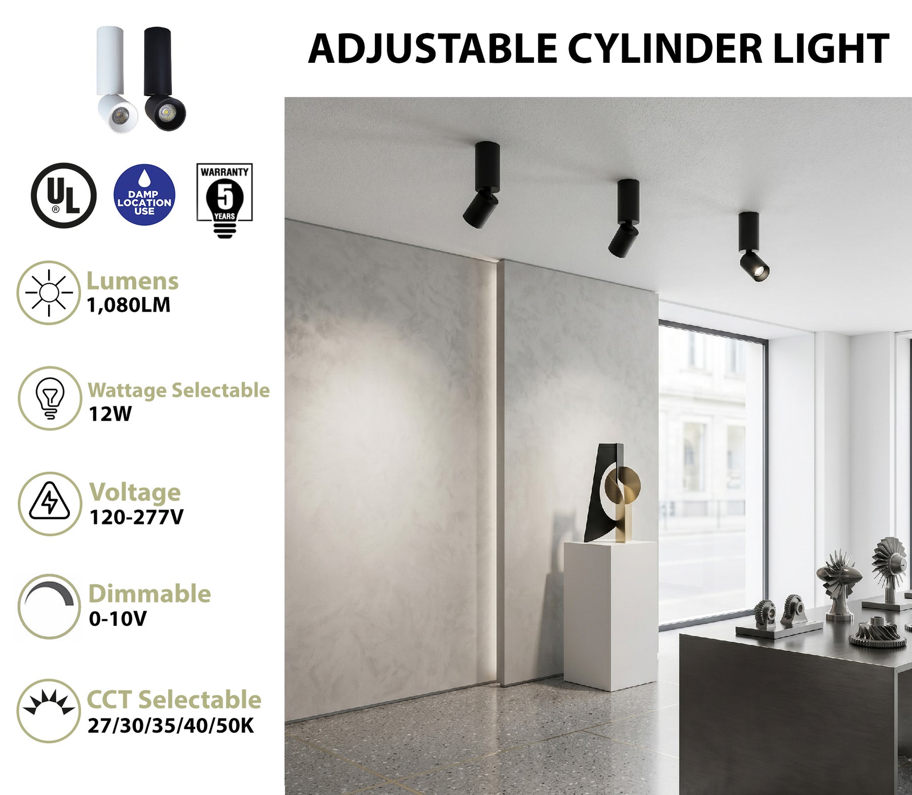 Black led adjustable architectural cylinder light fixture with sleek modern design and selectable color temperature