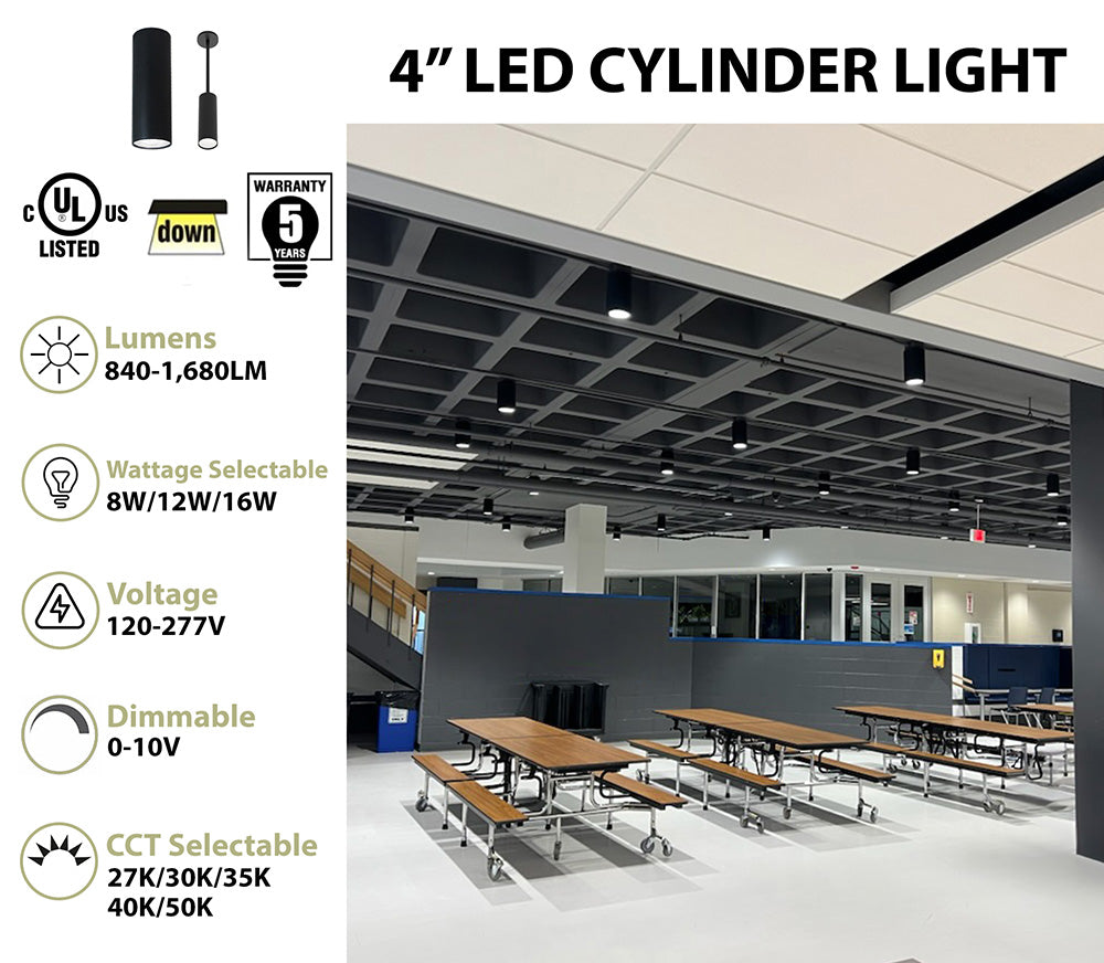 4" LED Architectural Cylinder Light Fixture, 1680 Lumens, Wattage and CCT Selectable, 120-277V, Black Finish