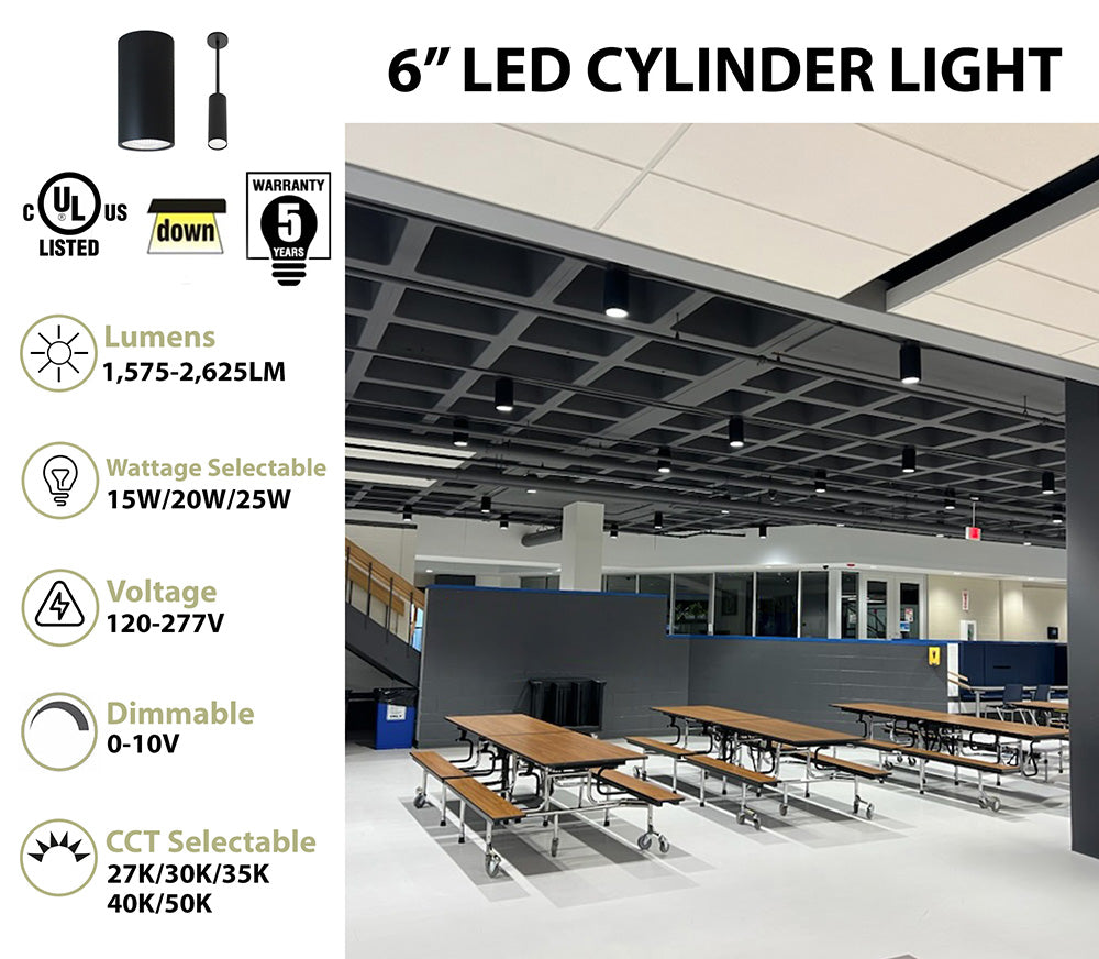 6" LED Architectural Cylinder Light Fixture, 2625 Lumens, Wattage and CCT Selectable, 120-277V, Black Finish