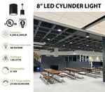 Black 8 inch architectural cylinder light with adjustable brightness and color temperature options, 6300 lumen max