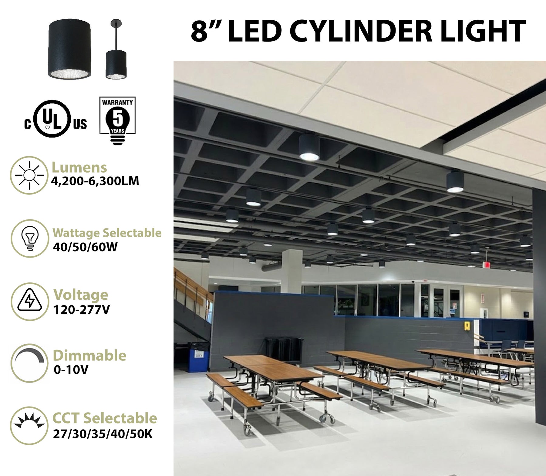 Black 8 inch architectural cylinder light with adjustable brightness and color temperature options, 6300 lumen max