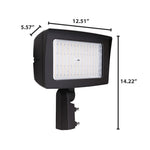 Black rectangular led flood light with matte finish and integrated photocell featuring adjustable lumen wattage and cct