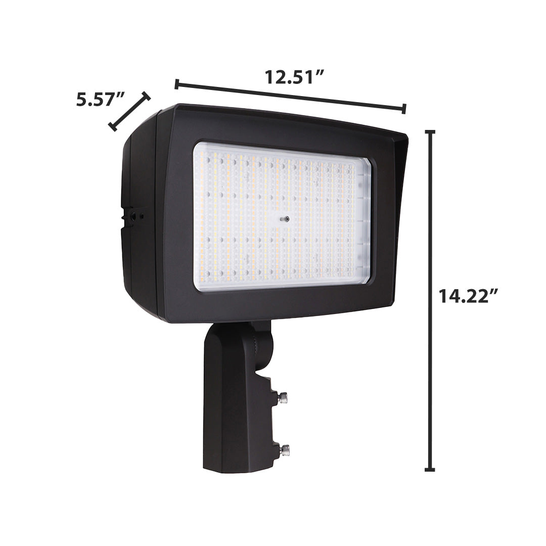 Black rectangular led flood light with matte finish and integrated photocell featuring adjustable lumen wattage and cct