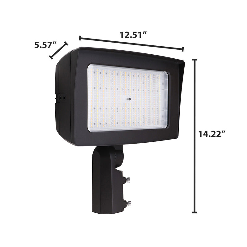 Black rectangular led flood light with matte finish and integrated photocell featuring adjustable lumen wattage and cct