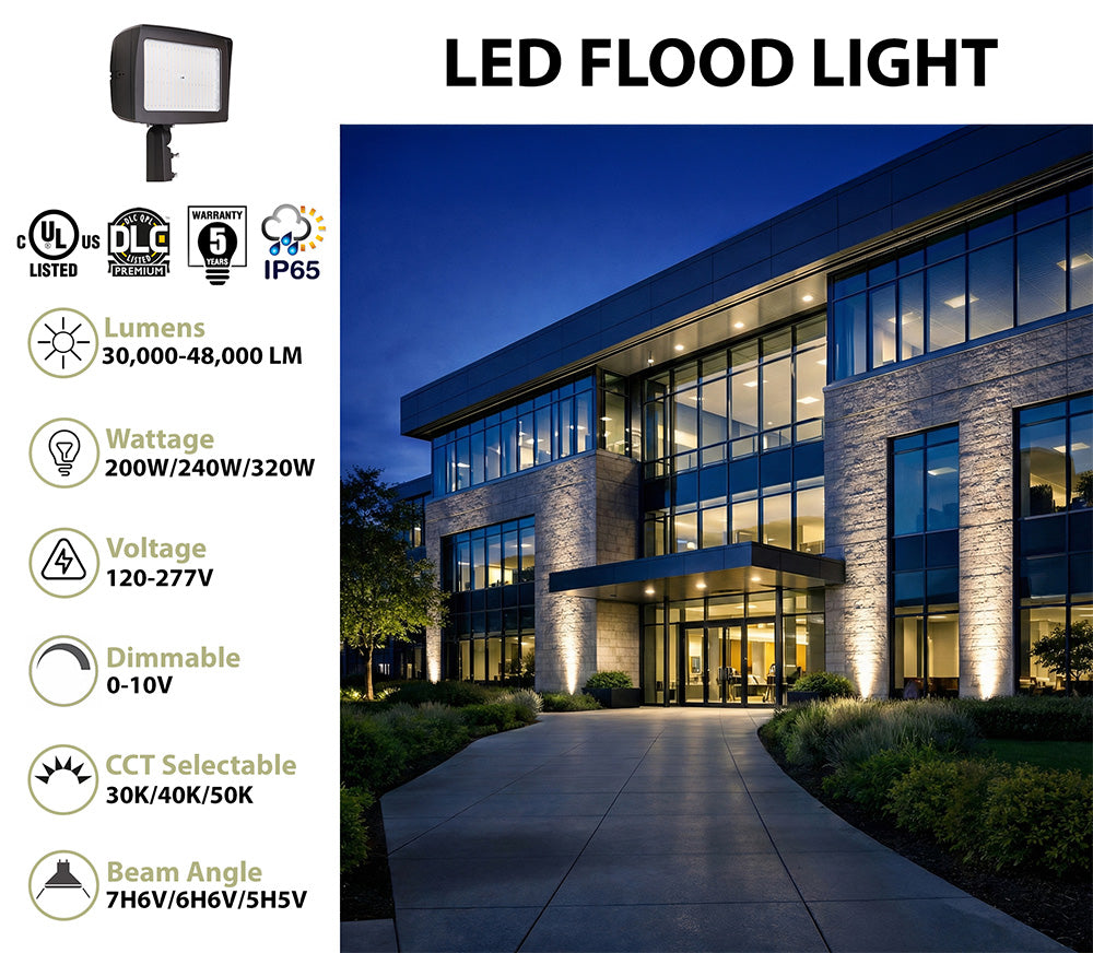 LED Flood Light, 48,000 Lumen Max, Wattage, CCT and Optic Selectable, Integrated Photocell, 120-277V