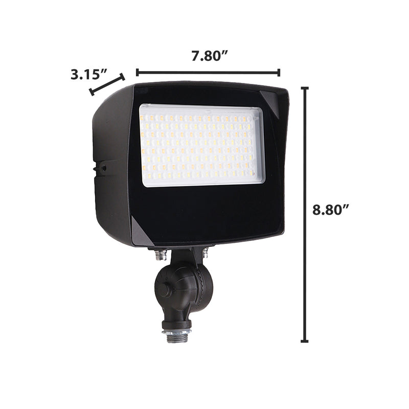 Black rectangular led flood light with integrated photocell featuring white led grid and adjustable mounting bracket