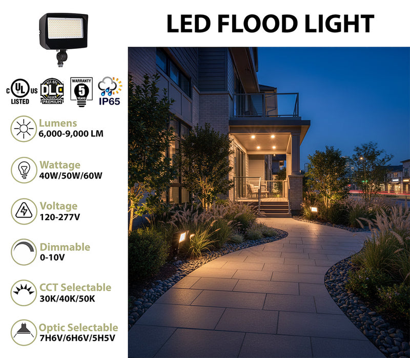 LED Flood Light, 9000 Lumen Max, Wattage, CCT and Optic Selectable, Integrated Photocell, 120-277V