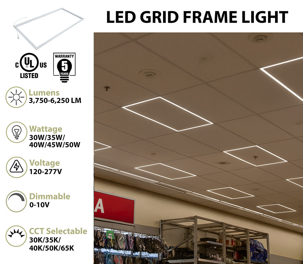 2 x 4 LED Grid Frame Light, 6250 Lumen Max, Wattage and CCT Selectable, 120-277V