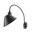 A matte black adjustable wall sconce with a conical shade and curved gooseneck arm, mounted on a wall plate against a plain white background.