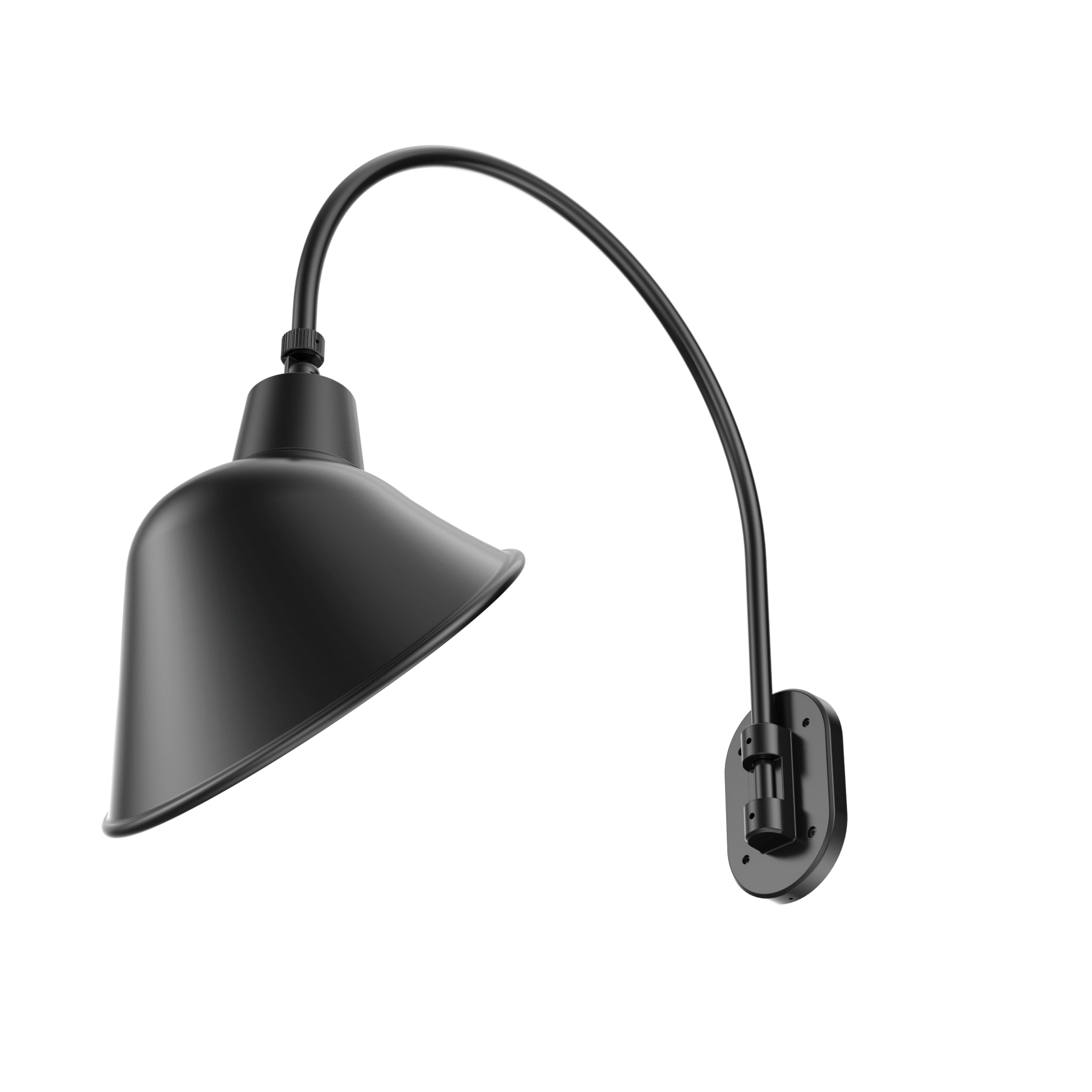 A matte black adjustable wall sconce with a conical shade and curved gooseneck arm, mounted on a wall plate against a plain white background.