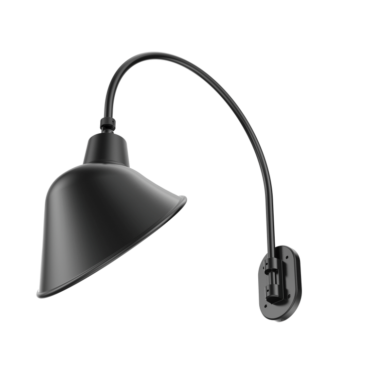 A matte black adjustable wall sconce with a conical shade and curved gooseneck arm, mounted on a wall plate against a plain white background.