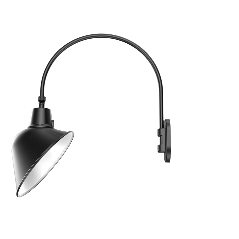 A modern black wall-mounted swing-arm lamp with a conical shade, shown against a plain white background.