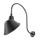 A matte black metal wall sconce with a conical shade and a curved gooseneck arm, mounted on a plain white background.