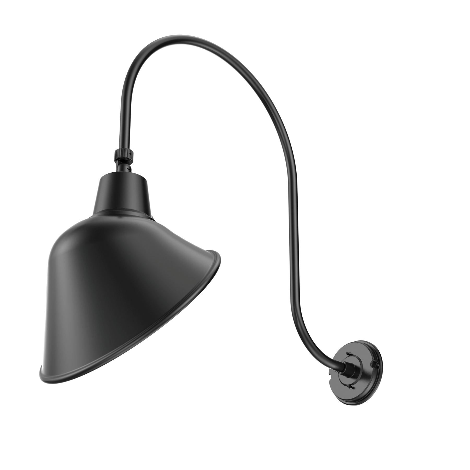 A matte black metal wall sconce with a conical shade and a curved gooseneck arm, mounted on a plain white background.
