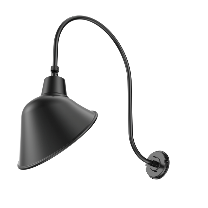 A matte black metal wall sconce with a conical shade and a curved gooseneck arm, mounted on a plain white background.
