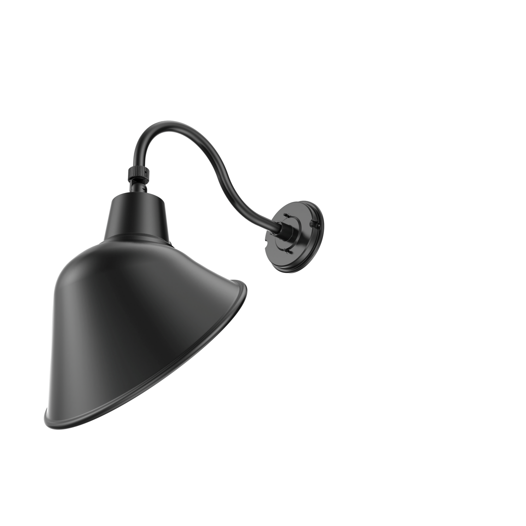 A matte black metal wall sconce with a conical shade and curved gooseneck arm, shown against a plain white background.