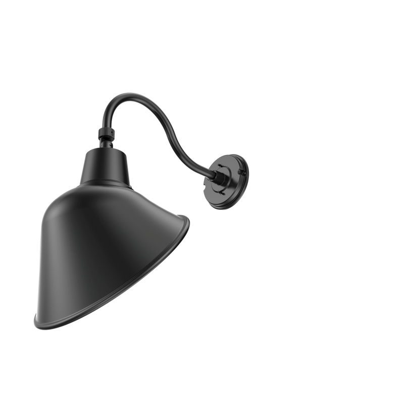 A matte black metal wall sconce with a conical shade and curved gooseneck arm, shown against a plain white background.