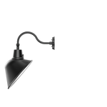 A black metal wall sconce with a conical shade and curved arm, shown against a plain white background.