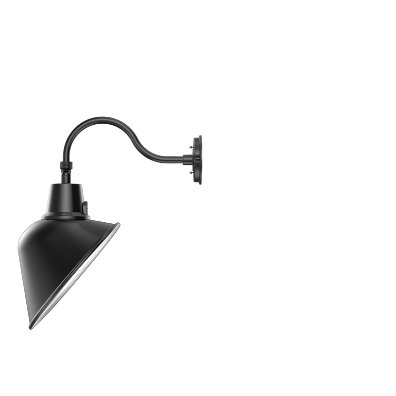 A black metal wall sconce with a conical shade and curved arm, shown against a plain white background.