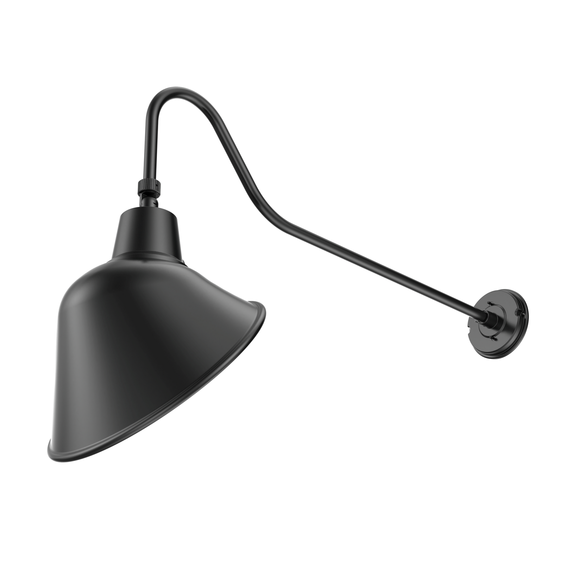 A matte black metal swing-arm wall sconce with a conical shade, shown against a plain white background.