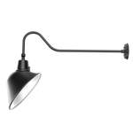 A black adjustable wall sconce with a conical shade and curved arm, shown against a plain white background.
