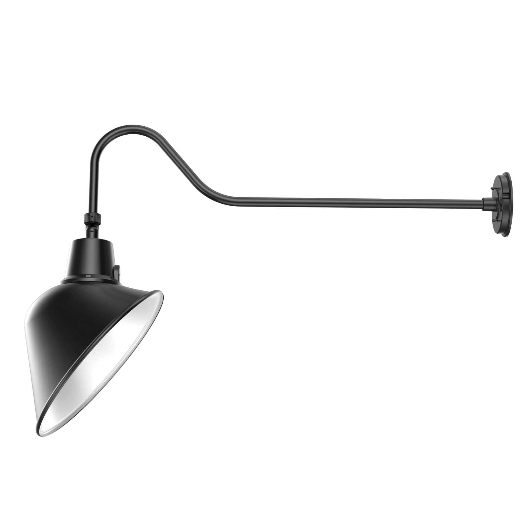 A black adjustable wall sconce with a conical shade and curved arm, shown against a plain white background.