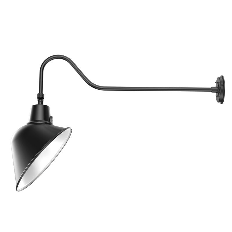 A black adjustable wall sconce with a conical shade and curved arm, shown against a plain white background.