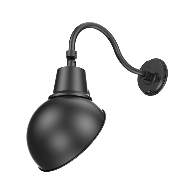 A matte black industrial wall sconce with a curved gooseneck arm and a dome-shaped shade, shown against a plain white background.