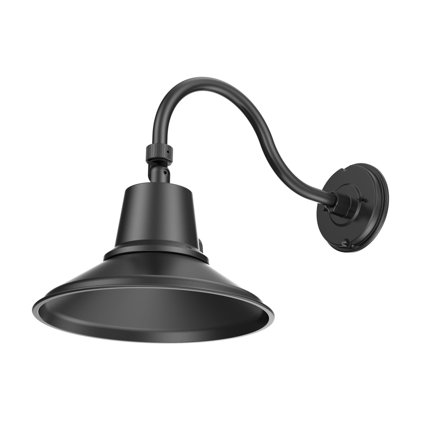 A matte black outdoor wall sconce with a wide, shallow conical shade and a flexible curved gooseneck arm, shown against a solid white background.