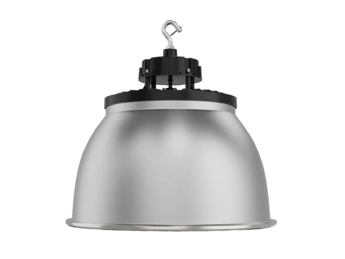 Industrial-style silver dome-shaped ufo high bay pendant light with black mounting bracket for high bay lighting
