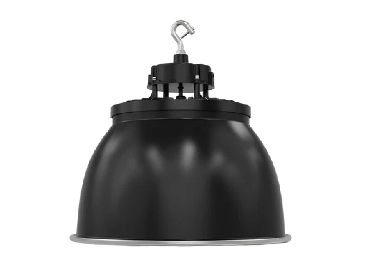 Black industrial-style 6pk aries g5 ufo high bay pendant light with matte finish and metallic silver rim