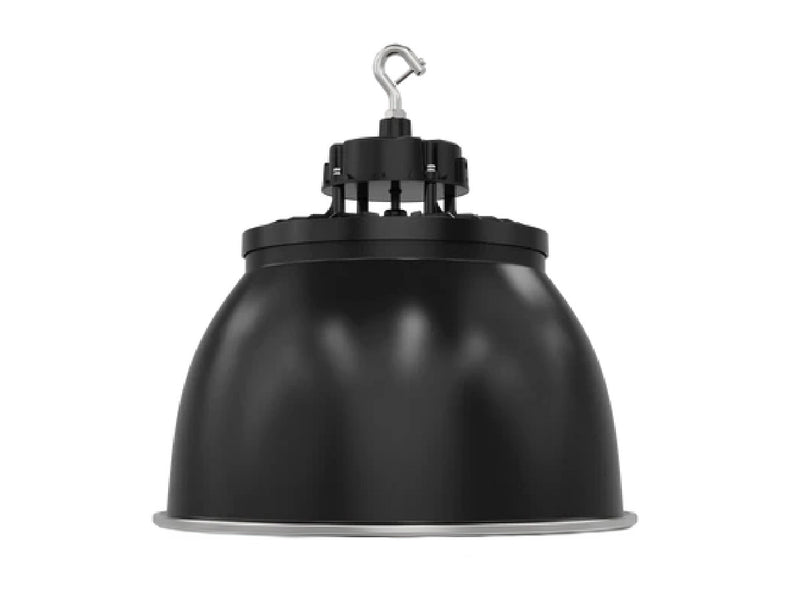 Black industrial-style 6pk aries g5 ufo high bay pendant light with matte finish and metallic silver rim