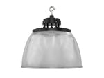 Industrial-style ufo high bay pendant light with black bracket and silver ribbed glass shade for high bay lighting