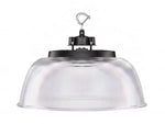 Clear ribbed dome-shaped Aries G6 led high bay ceiling light with black mounting hardware for industrial use